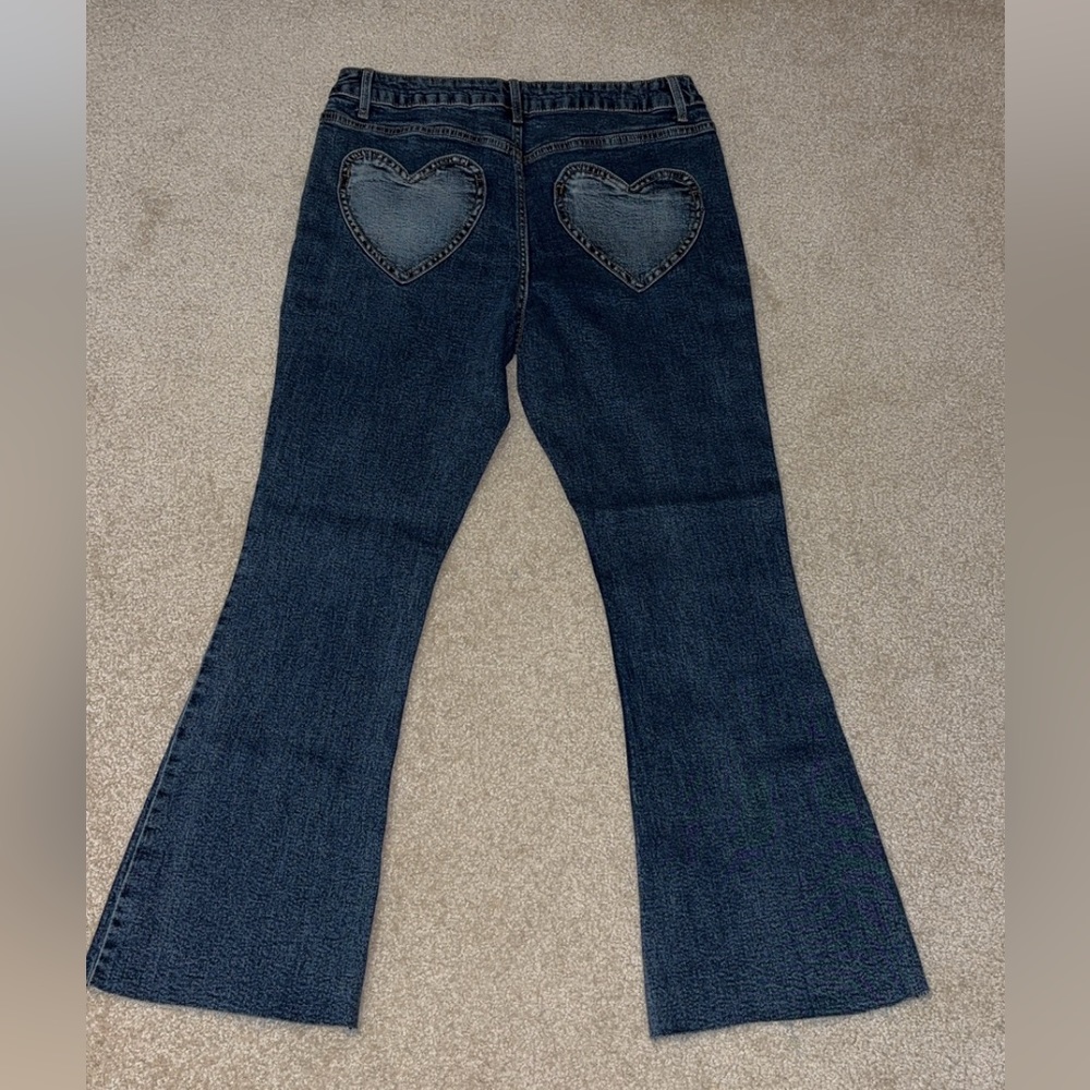 Miss Selfridges Petite heart pocket flare jeans in indigo wash